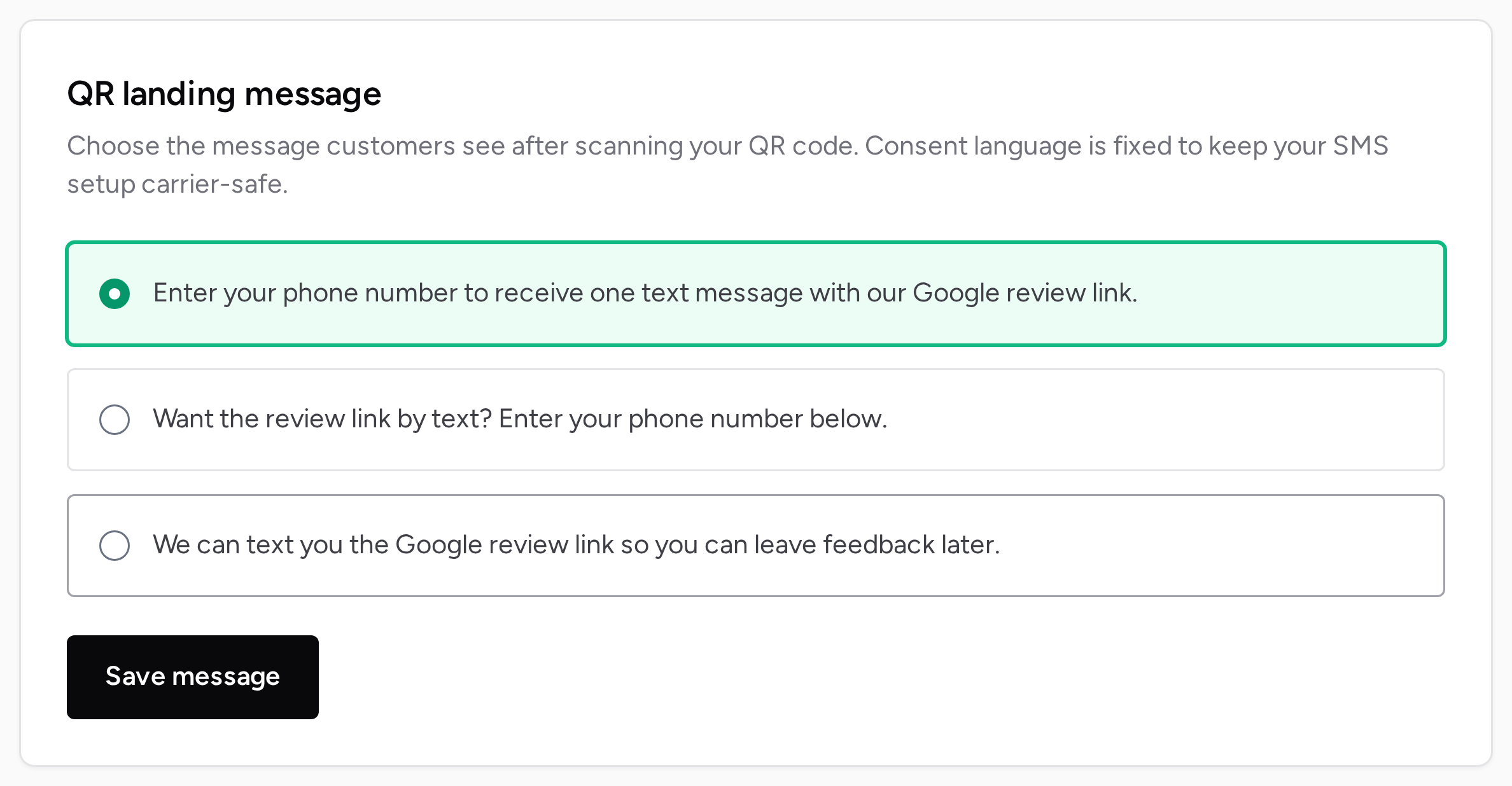 The RateInvite screen for choosing the message shown after a QR scan