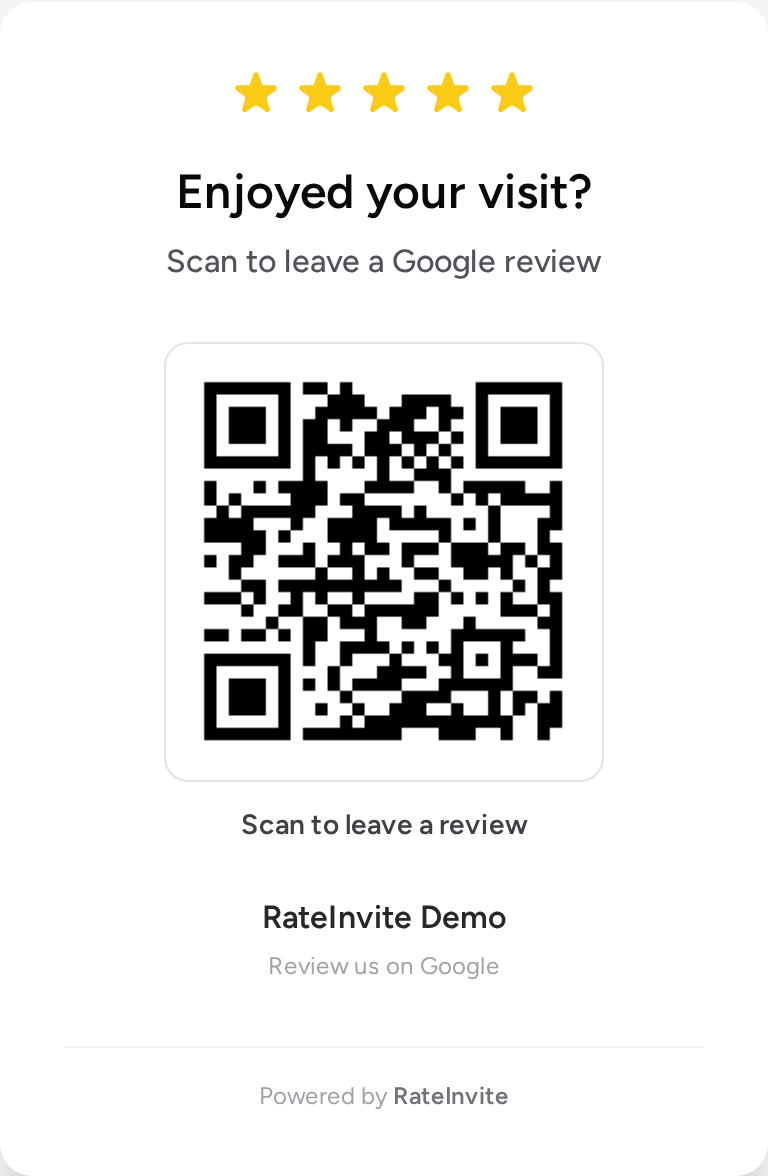 A RateInvite generated review poster with a QR code