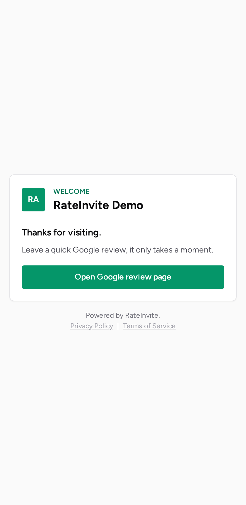 The RateInvite review page as a customer sees it after scanning
