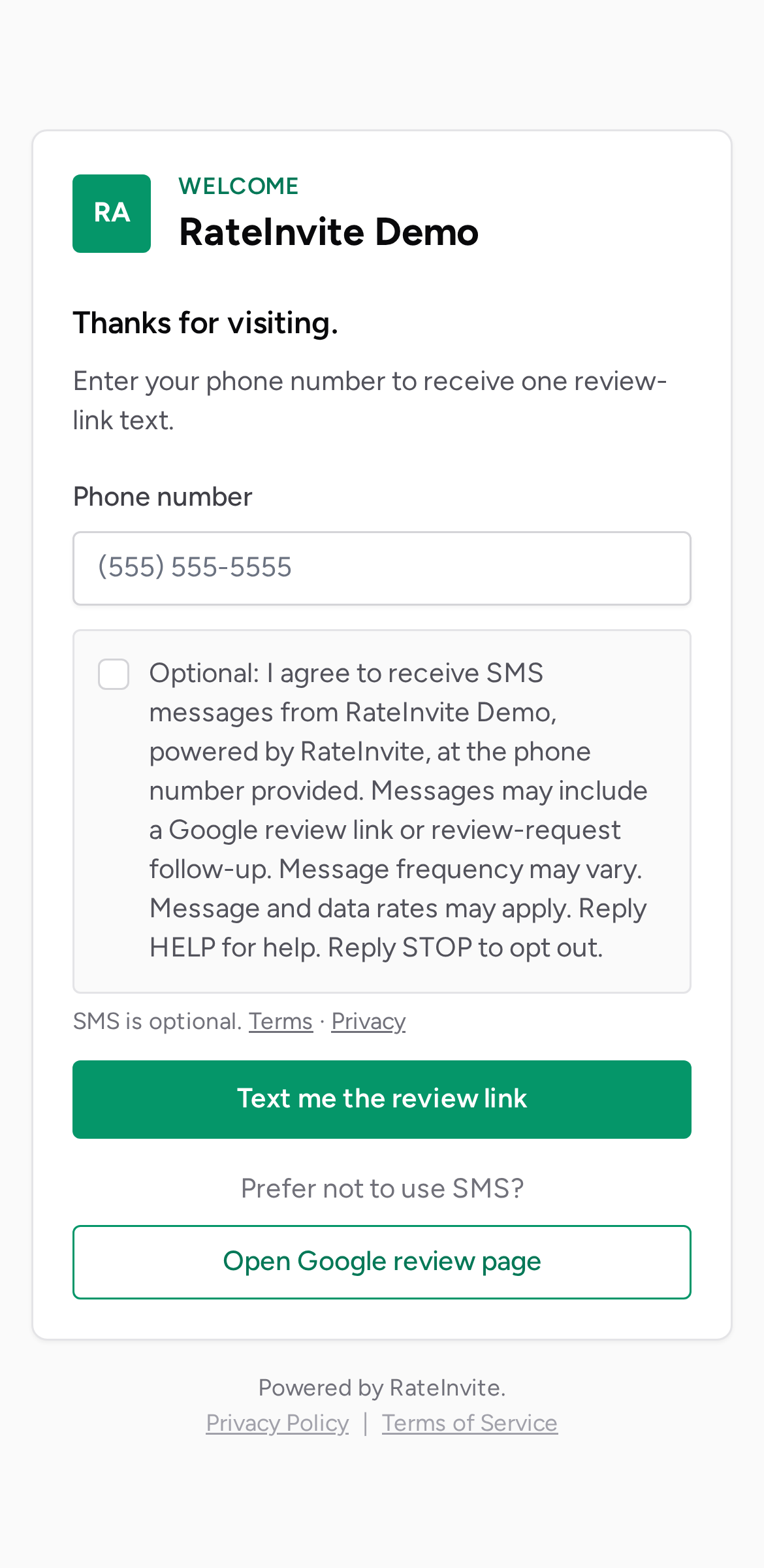 The RateInvite review page a customer sees after scanning, showing optional SMS consent